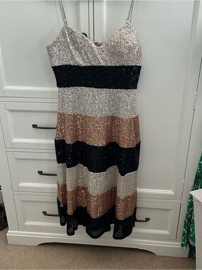 Maison Tara Sequin Stripe Midi Dress in Silver, Black & Bronze